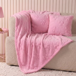 OHS Tufted Bow Teddy Fleece Throw, Blush - 180 x 200cm - thumbnail 1