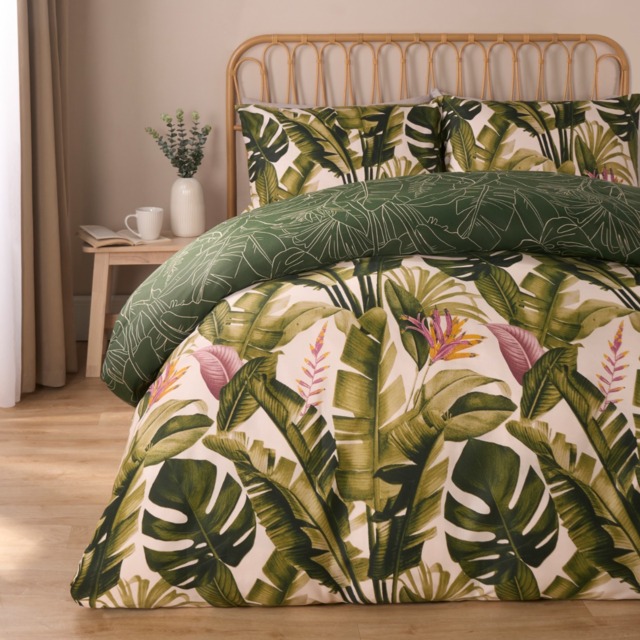 OHS Tropical Foliage Reversible Duvet Cover Set, Green - Superking - image 1