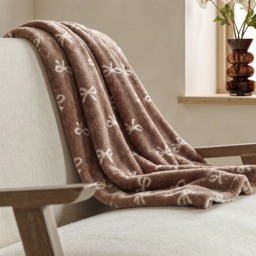 OHS Bow Print Teddy Fleece Throw - Brown