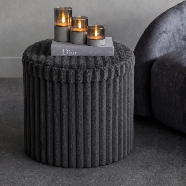 OHS Faux Fur Ribbed Foldable Round Storage Ottoman - Charcoal - image 1