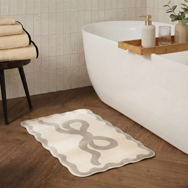 OHS Bow Print Velvet Bath Mat - Natural - image 1