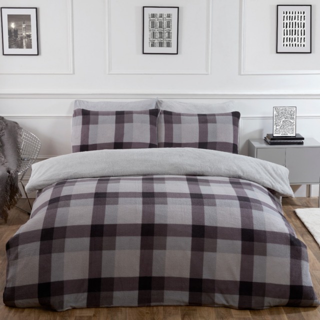 OHS Check Teddy Fleece Duvet Cover Set, Grey - Double - image 1