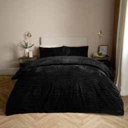 OHS Ribbed Faux Fur Duvet Set, Black - Double - thumbnail 2
