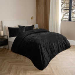 OHS Ribbed Faux Fur Duvet Set, Black - Double - thumbnail 3