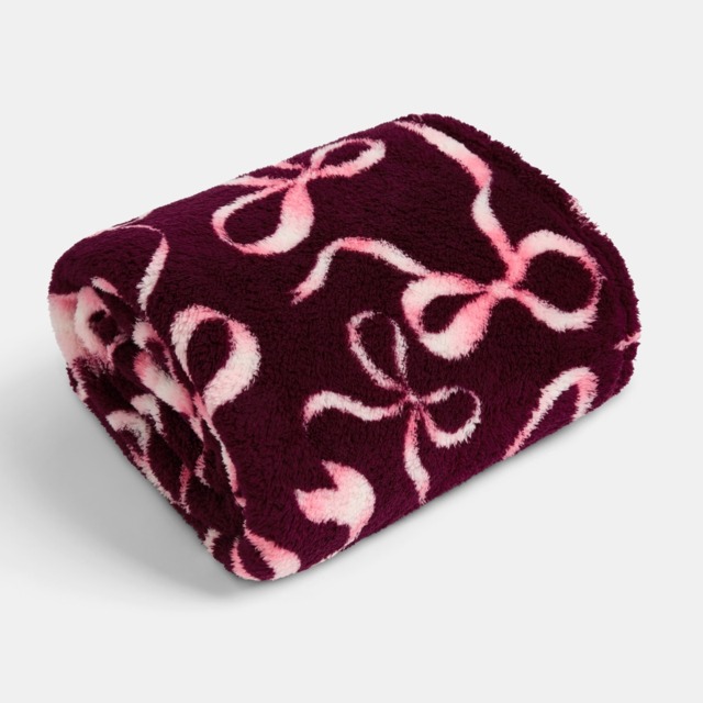 OHS Ribbon Bow Print Teddy Fleece Throw - Burgundy/Cream - image 1