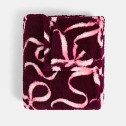 OHS Ribbon Bow Print Teddy Fleece Throw - Burgundy/Cream - thumbnail 2