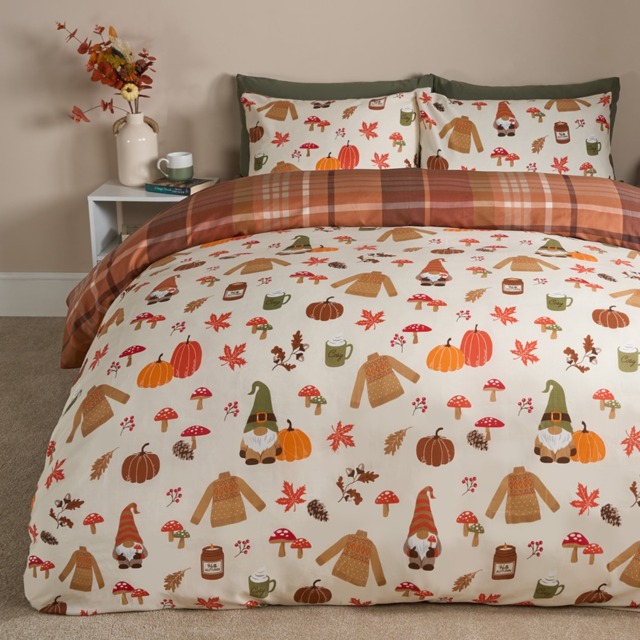 OHS Autumnal Novelty Checked Reversible Duvet Cover Set, Cream/Rust - Double - image 1