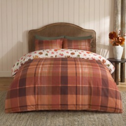 OHS Autumnal Novelty Checked Reversible Duvet Cover Set, Cream/Rust - Double - thumbnail 3