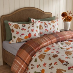 OHS Autumnal Novelty Checked Reversible Duvet Cover Set, Cream/Rust - Double - thumbnail 2