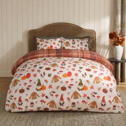 OHS Autumnal Novelty Checked Reversible Duvet Cover Set, Cream/Rust - Double - thumbnail 1