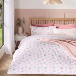 OHS Heart Print Reversible Watercolour Duvet Cover Set, Pink/Grey - Double - thumbnail 2