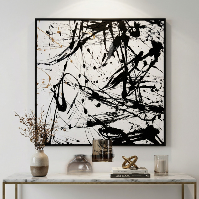 Noah Monochrome Black & White Paint Splash Framed Wall Art