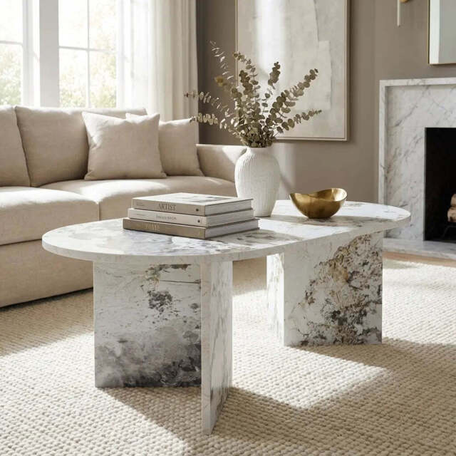 Aura White Marble Effect Oval Coffee Table