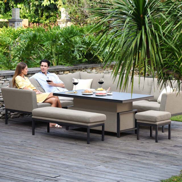 Maze Pulse Oatmeal Beige Rectangular Outdoor Corner Sofa Dining Set with Rising Table - 8-10 Seater