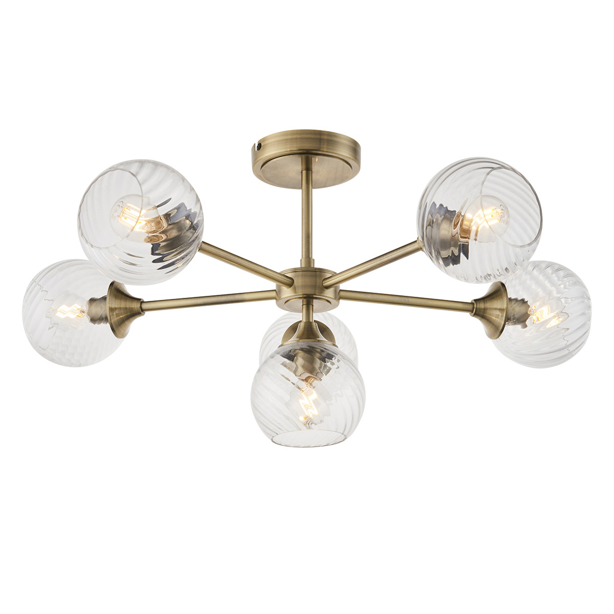 Allison Spiral Glass Six Light Semi Flush Light in Antique Brass