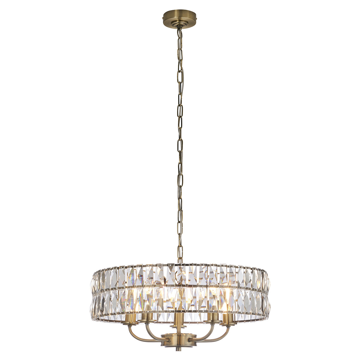 Clayton Crystal Glass Five Light Pendant in Antique Brass