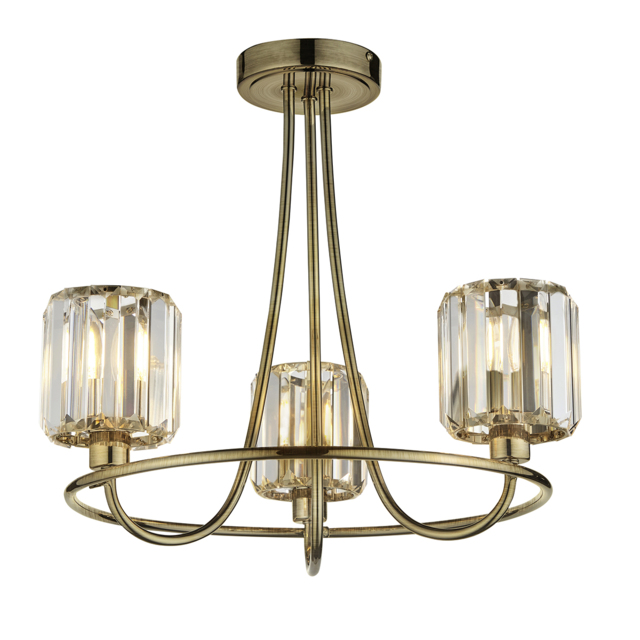 Bernadette Clear Glass Three Light Semi Flush Light in Antique Brass