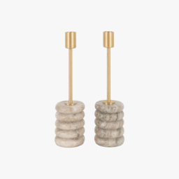Pietra Gold Candle Stick in Beige Marble, Set of 2