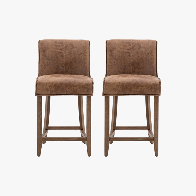 Ewan Bar Stool in Brown Leather - Set of 2