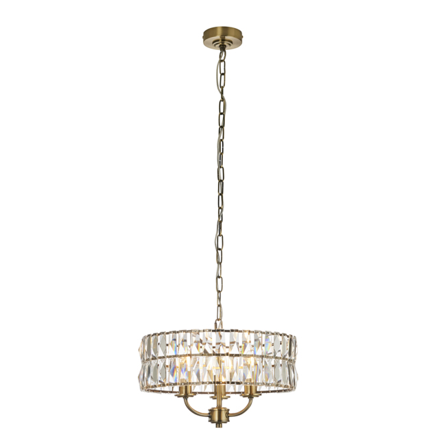 Clayton Crystal Glass Three Light Pendant in Antique Brass