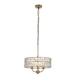 Clayton Crystal Glass Three Light Pendant in Antique Brass