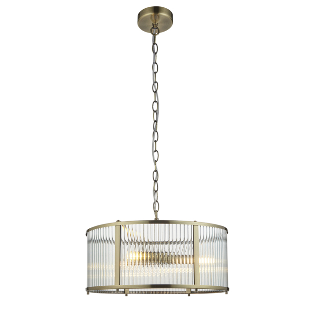Richmond Ribbed Glass Three Light Pendant in Antique Brass