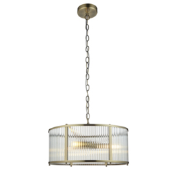 Richmond Ribbed Glass Three Light Pendant in Antique Brass