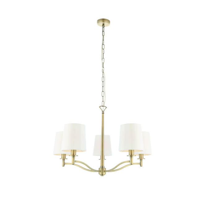 Odelia Five Light Pendant in Antique Brass with Vintage White Fabric