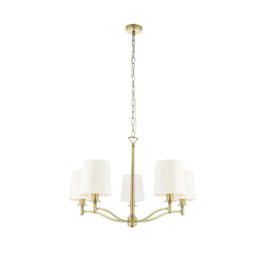 Odelia Five Light Pendant in Antique Brass with Vintage White Fabric
