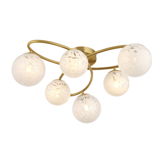 Macey White Confetti Glass Six Light Semi Flush Light in Brass