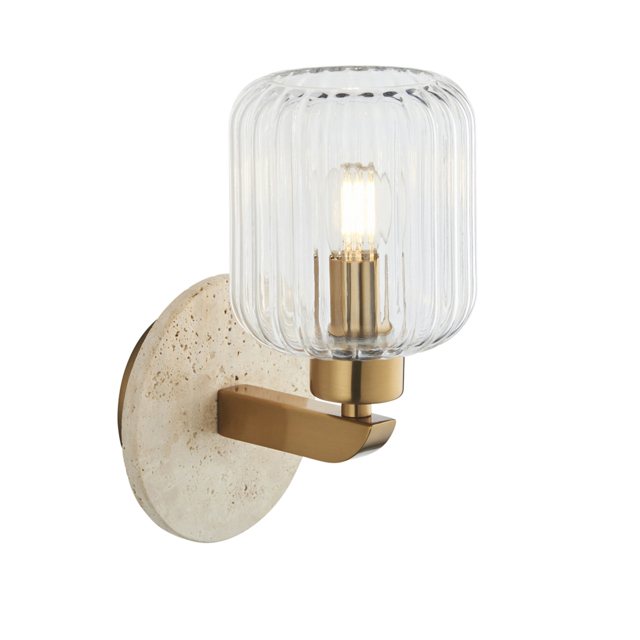 Sloane Ribbed Wall Light in Beige Textured Marble, Vintage Brass and Ribbed Glass