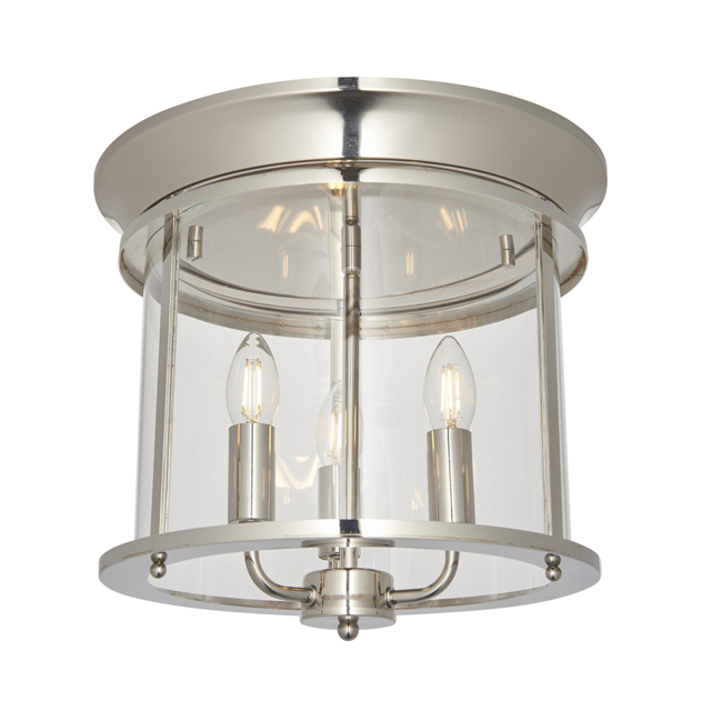 Loxley Clear Glass Flush Light in Bright Nickel