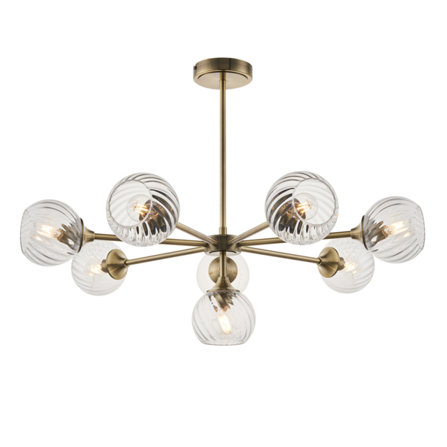 Allison Spiral Glass Eight Light Pendant in Antique Brass