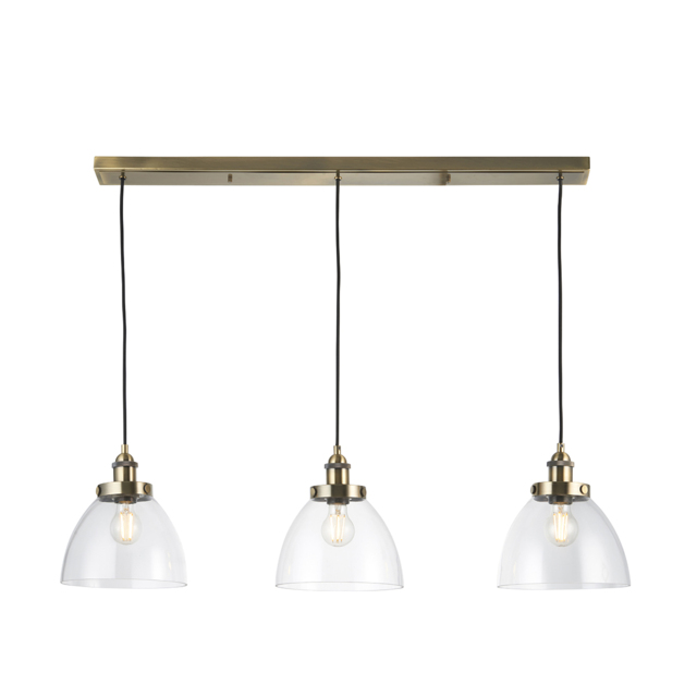 Ralph Clear Glass Three Light Pendant in Antique Brass