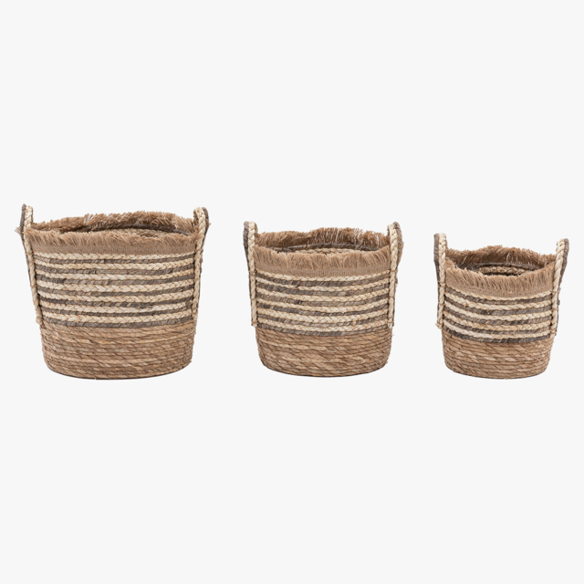 Alder Fringed Woven Basket in Brown, Set of 3