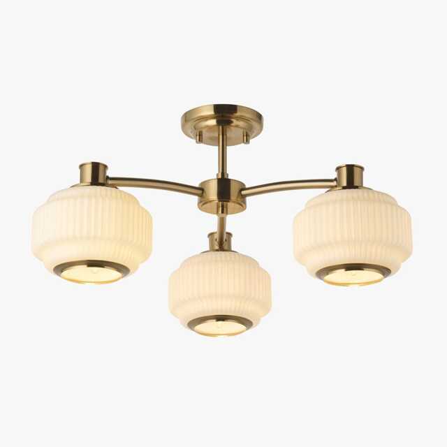 Visby 3-Light Semi Flush Ceiling Light in Brushed Aged Brass & Opal Ribbed Glass