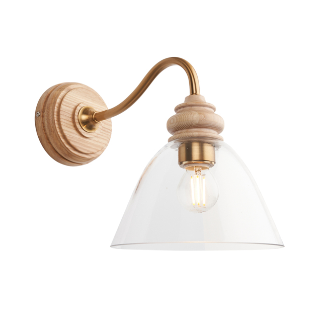 Bourton Wall Light in Natural Ash & Brass with Glass Shade
