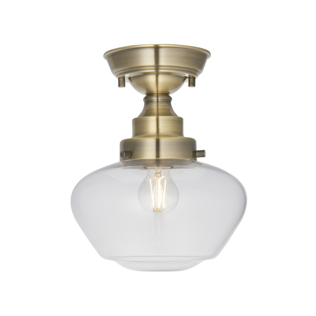 Cambrose Clear Glass Semi Flush Light in Antique Brass