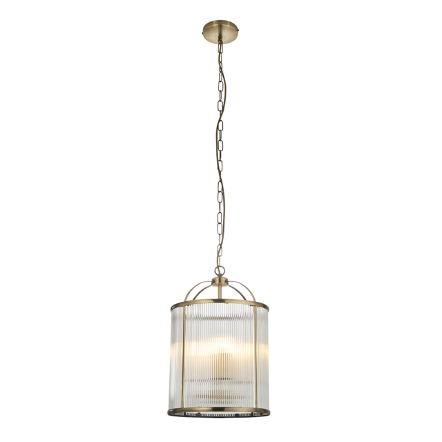 Leonard Ribbed Glass Four Light Pendant in Antique Brass