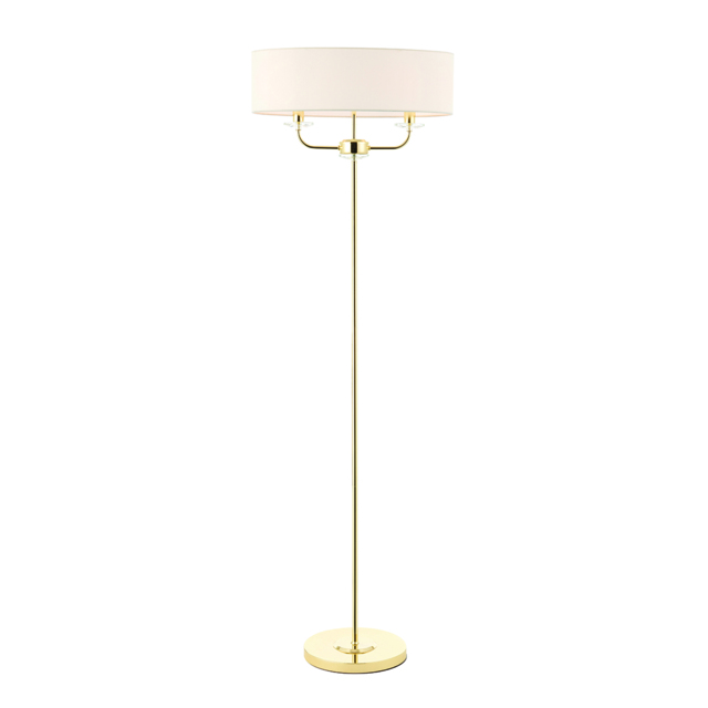 Nestor Two Light Floor Lamp in Brass with Vintage White Fabric Shade