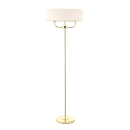 Nestor Two Light Floor Lamp in Brass with Vintage White Fabric Shade