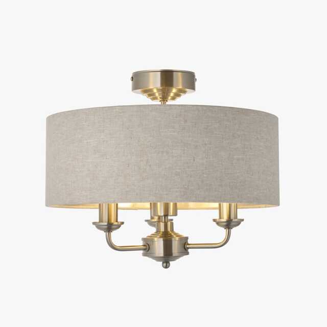 Manon 3-Light Flush Ceiling Light in Brushed Chrome & Natural Fabric