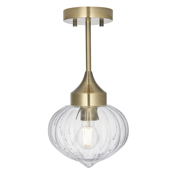 Adam Clear Ribbed Glass Semi Flush Light in Antique Brass