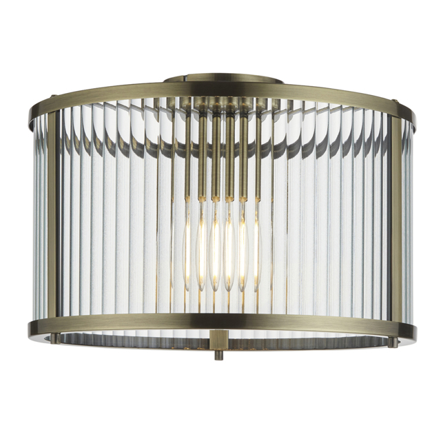 Richmond Ribbed Glass Flush Light in Antique Brass