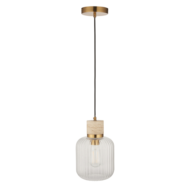 Sloane Ribbed Pendant in Natural Travertine, Vintage Brass and Ribbed Glass