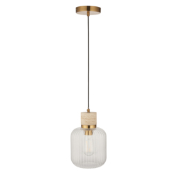 Sloane Ribbed Pendant in Natural Travertine, Vintage Brass and Ribbed Glass