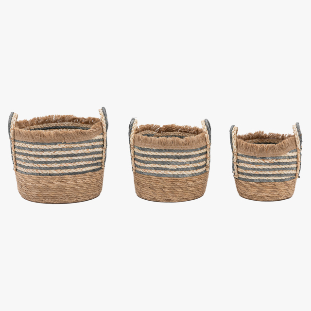 Alder Fringed Woven Basket in Ink, Set of 3