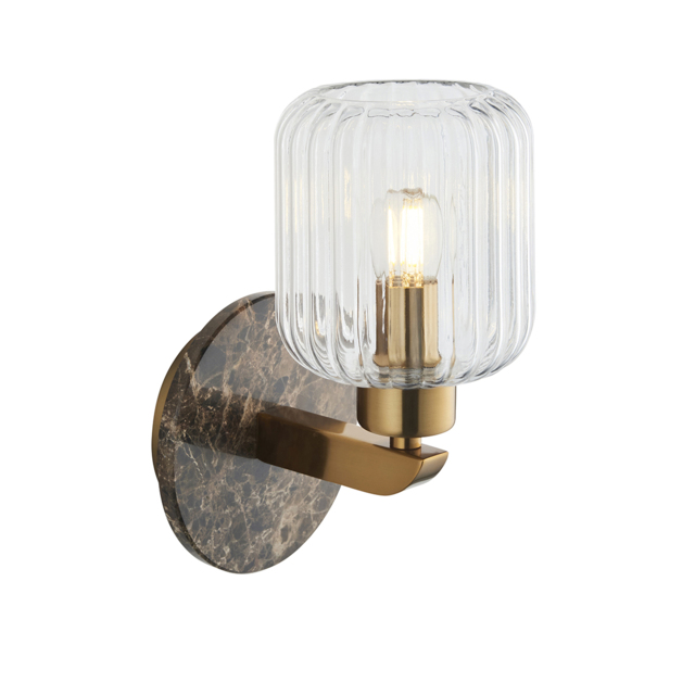 Sloane Ribbed Wall Light in Dark Brown Emperador Marble, Vintage Brass and Ribbed Glass