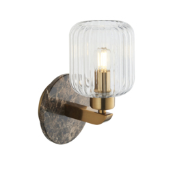 Sloane Ribbed Wall Light in Dark Brown Emperador Marble, Vintage Brass and Ribbed Glass