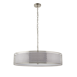 Simone 5Lt Grand Pendant in Satin Nickel, White Fabric and Frosted Glass